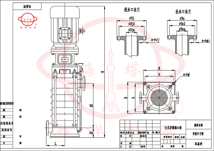 DL立式多级低转速清水泵安装尺寸及外形示意图